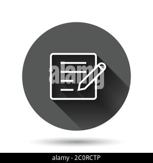 Blogging icon in flat style. Document with pen vector illustration on black round background with long shadow effect. Content circle button business c Stock Vector