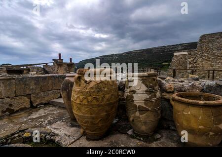 Knossos Palace, Crete / Greece. Minoan Pithoi (Pithoi is the Greek name of the large storage containers) at the archaeological site of Knossos Palace Stock Photo