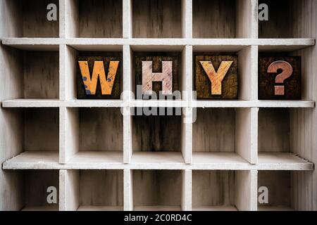 Why Concept Wooden Letterpress Type in Drawer Stock Photo