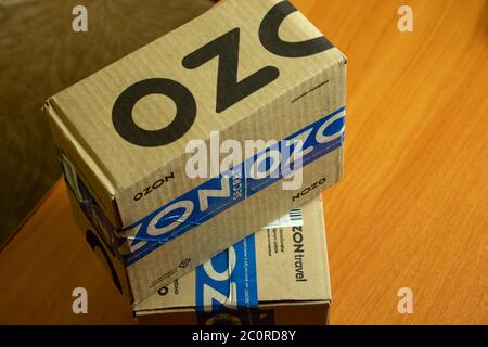 Los Angeles, California, USA - 1 June 2020: Ozon box delivery package close-up, Illustrative Editorial. Stock Photo