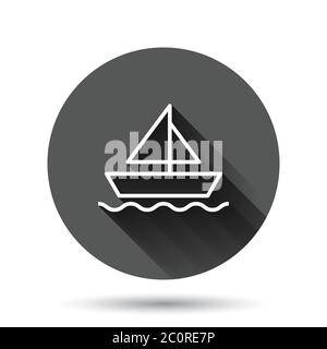 Tourism ship icon in flat style. Fishing boat vector illustration on black round background with long shadow effect. Tanker destination circle button Stock Vector