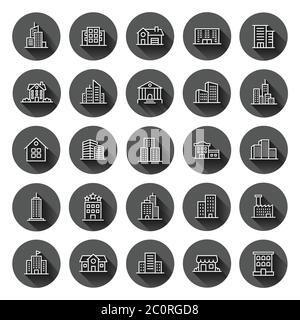 Building icon set in flat style. Town skyscraper apartment vector illustration on black round background with long shadow effect. City tower circle bu Stock Vector