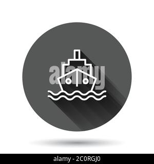 Tourism ship icon in flat style. Fishing boat vector illustration on black round background with long shadow effect. Tanker destination circle button Stock Vector