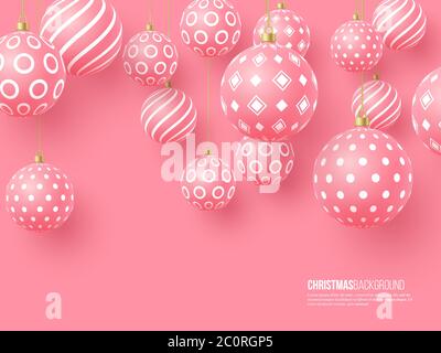 Christmas pink baubles with geometric pattern. 3d realistic style, abstract holiday background, vector illustration. Stock Vector