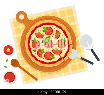 Round hot delicious pizza margherita. Vector illustration in flat style isolated on white background. Stock Vector