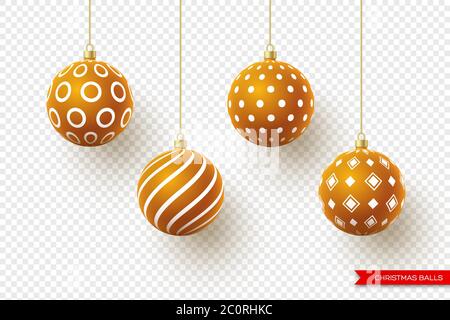 3d Christmas brown balls with geometric pattern. Decorative elements for holiday new year design. Isolated on transparent background, vector Stock Vector