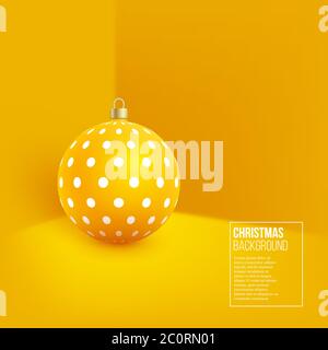 Christmas yellow bauble with geometric pattern. 3d realistic style on wall background, vector illustration. Stock Vector
