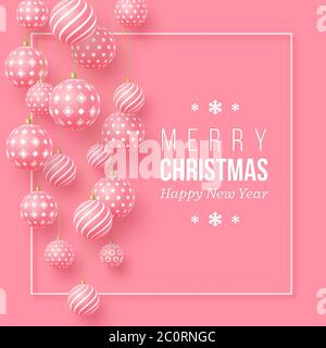 Christmas pink baubles with geometric pattern. 3d realistic style with white frame, abstract holiday background, vector illustration. Stock Vector