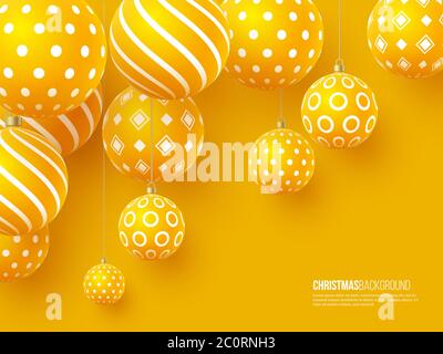 Christmas yellow balls with geometric pattern. 3d realistic style, abstract holiday background, vector illustration. Stock Vector