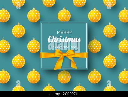 Christmas holiday banner. Realistic 3d balls with geometric pattern and label with silk bow. New Year background, vector illustration. Stock Vector