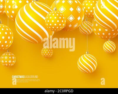 Christmas yellow balls with geometric pattern. 3d realistic style, abstract holiday background, vector illustration. Stock Vector