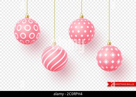 3d Christmas yellow balls with geometric pattern. Decorative elements for holiday new year design. Isolated on transparent background, vector Stock Vector