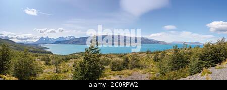 View over Lago El Toro (Del Toro Lake) to Cerro Paine Grande from Mirador Grey in Torres del Paine National Park, Patagonia, southern Chile Stock Photo