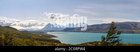 View over Lago El Toro (Del Toro Lake) to Cerro Paine Grande from Mirador Grey in Torres del Paine National Park, Patagonia, southern Chile Stock Photo