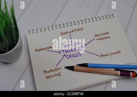 Critical Thinking Skills write on a book with keywords isolated wooden table. Stock Photo