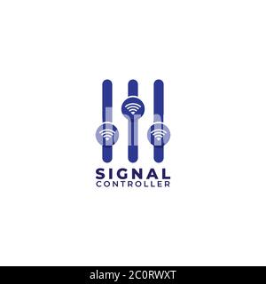 Signal controller logo design template isolated on white background. Wi-fi signal icon and equalizer logo concept. Blue Color Theme Stock Vector