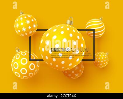 Christmas yellow baubles with geometric pattern. 3d realistic style with black frame, abstract holiday background, vector illustration. Stock Vector