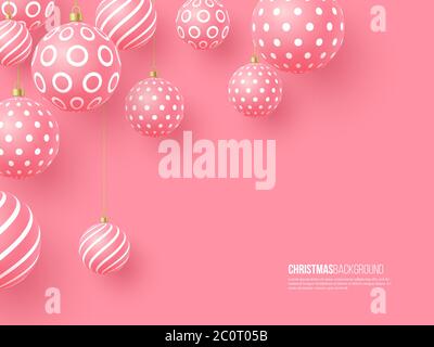 Christmas pink baubles with geometric pattern. 3d realistic style, abstract holiday background, vector illustration. Stock Vector