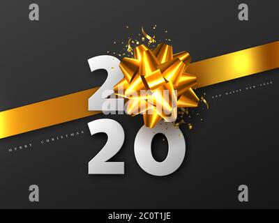 2020 New Year sign with 3d golden bow. Stock Vector