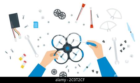 Quadcopter repair, human hands, top view vector illustration in a flat design Stock Vector