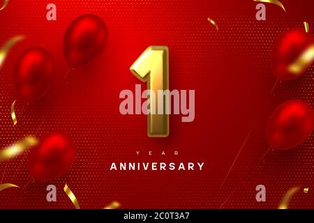 Premium Vector | One year anniversary golden logo with red ribbon