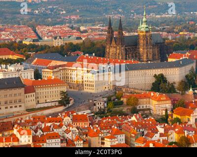 View of Prague Castle with St. Vitus Cathedral from Petrin Tower, Czech Republic Stock Photo