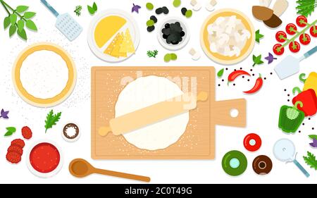 Ingredients and tools for cooking pizza. Vector flat illustrations isolated on white background. Stock Vector