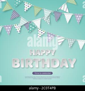 Happy birthday greeting design. Paper cut style white letters and bunting flags with different colorful patterns. Light green background, vector Stock Vector