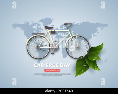 Car free day holiday banner or poster. Paper cut style bicycle, realistic leaves with water drops. World map blue color background, vector Stock Vector