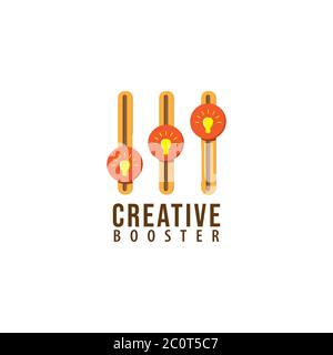 Creative booster logo design template. Glowing light bulb with Equalizer logo concept. Isolated on white background. Yellow and Orange color theme. Stock Vector