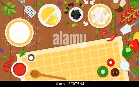 Ingredients for making pizza, dough and filling on wooden table. Vector flat illustrations. Stock Vector