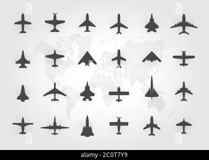 Aircraft top view icon set. Set of black silhouette airplanes, jets, airliners and retro planes icons. Isolated vector logos template on white Stock Vector