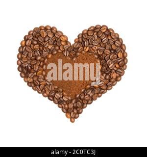 Coffee beans isolated on a white background.  Heart made from coffee beans with ground and instant coffee inside. Coffee fresh roast. Concept Love Stock Photo