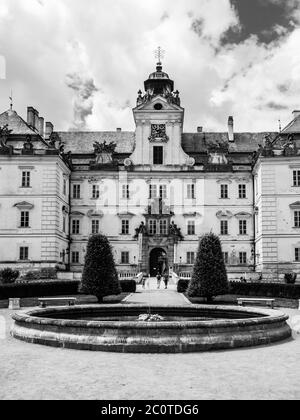 Baroque castle Valtice in Lednice-Valtice Cultural Landscape, Czech Republic. Black and white image. Stock Photo