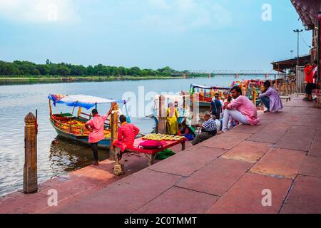 MATHURA, INDIA - SEPTEMBER 20, 2019: Boats at the Vishram Ghat of Yamuna river in Mathura city in India Stock Photo