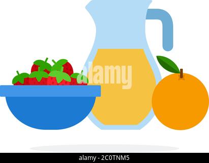 Plate of strawberries with jug of juice and orange flat isolated Stock Vector