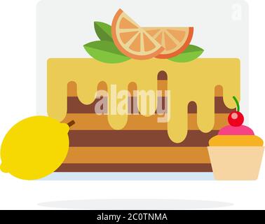 Lemon cake, muffin with cherry and lemon flat isolated Stock Vector