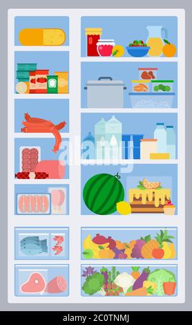 Refrigerator stocked products with transparent door flat isolated Stock Vector
