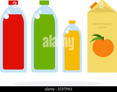 Fruit juice in bottles and paper packaging flat isolated Stock Vector
