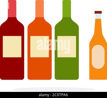 White, red, rose wine in bottles and apple cider flat isolated Stock Vector