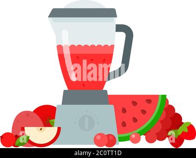 Fruity berry cocktail of red color in a blender with fruit near flat isolated Stock Vector
