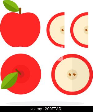 Red apples with a leaf. Round apple slice with two wedges of a red apple flat isolated Stock Vector