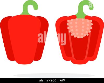 Whole red paprika with a stem and paprika in a section flat isolated Stock Vector