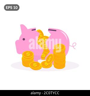 Cracked pink piggy bank with piles of golden dollar coins. Broken pink coin box in flat style Stock Vector