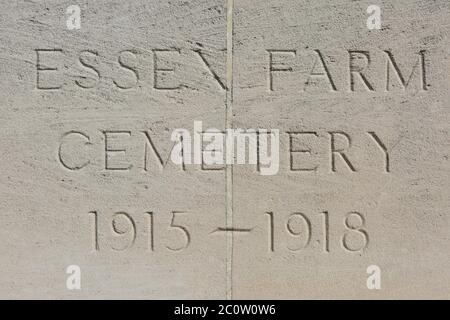 Engravement at the main entrance to the Essex Farm Cemetery (1915-1918)  in Ypres, Belgium Stock Photo