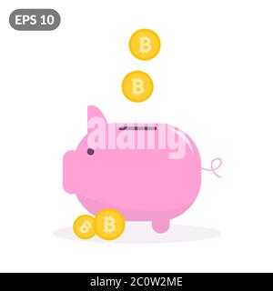 Pink piggy bank with falling gold bitcoins concept. Illustration of investing in bitcoin Stock Vector