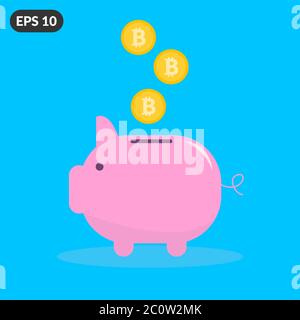 Bitcoin gold coins falling into the piggy bank concept. Flat style Stock Vector
