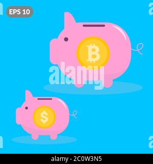 Big bitcoin piggy bank with small dollar piggy bank. The concept of profitability of cryptocurrencies Stock Vector