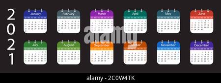 Calendar 2021. Week starts on Sunday.Colorful design on dark background. Vector illustration Stock Photo