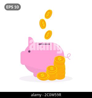 Pink piggy bank with falling gold dollar coins concept. Illustration of investing in dollar Stock Vector